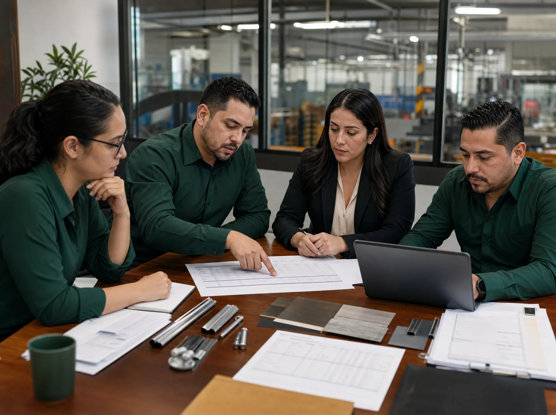 Industrial procurement team comparing supplier quotes and material samples
