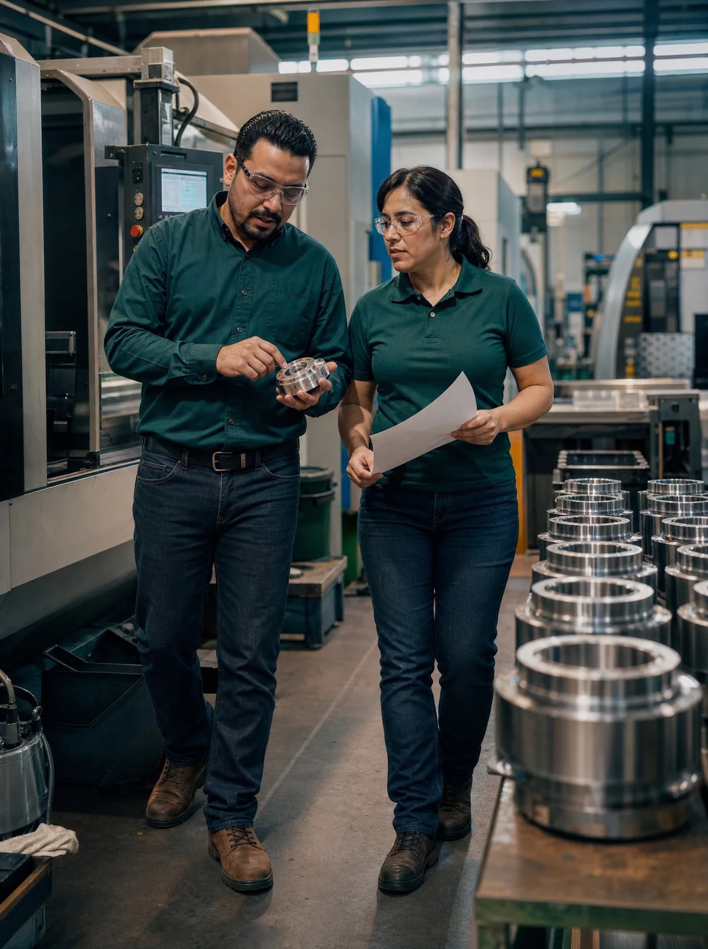 Industrial supplier team inspecting a machined component inside its facility